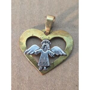 Beautiful JEEP COLLINS JEC Sterling Silver 925 Brass Heart Angel Pendant Patina